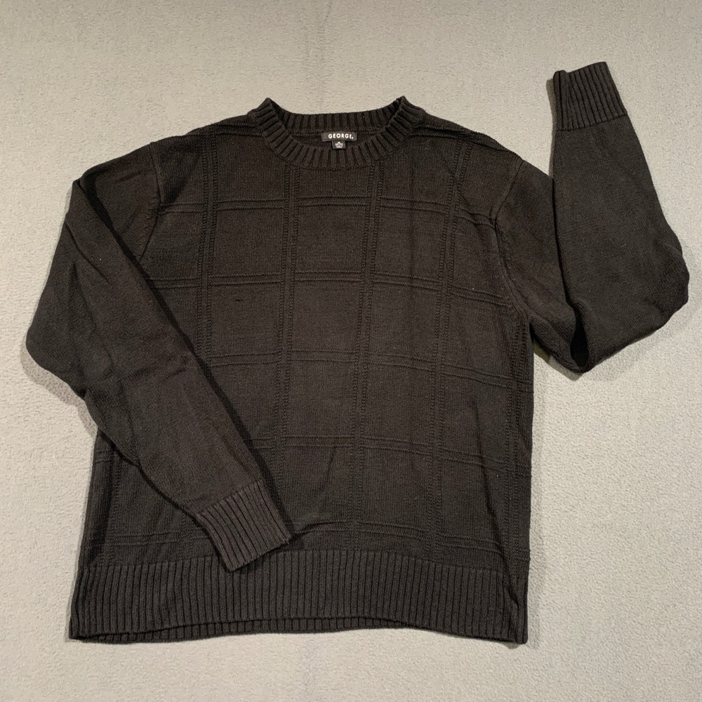 George Mens Black Textured Grid Windowpane Crew‎ Neck Sweater Size M Cottagecore